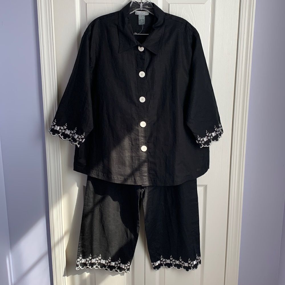 Danny Noble Off the Cuff Linen Cotton 2-pc Set Pants Shirt Top L Black